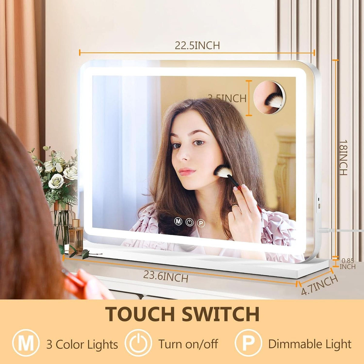 23x18 Inch Vanity Mirror With LED Three Color Dimmable Lights