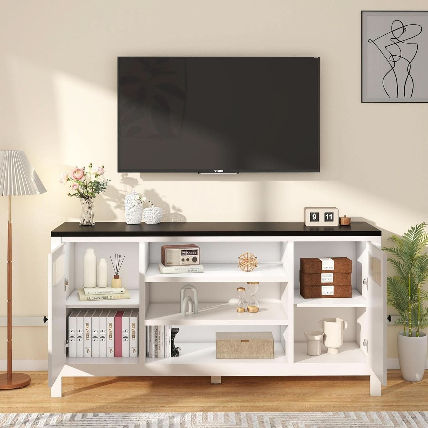 White TV Stand 63 Inch Modern Hidden Storage Console