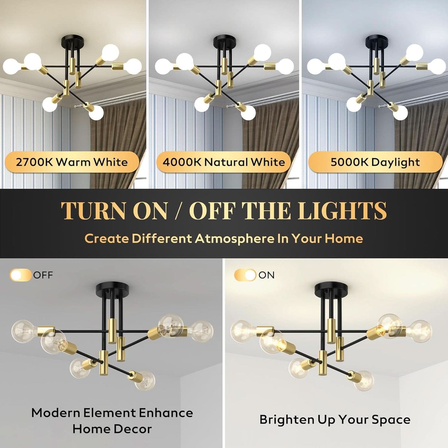 Modern Sputnik Chandelier Ceiling Light 6 Lights Black