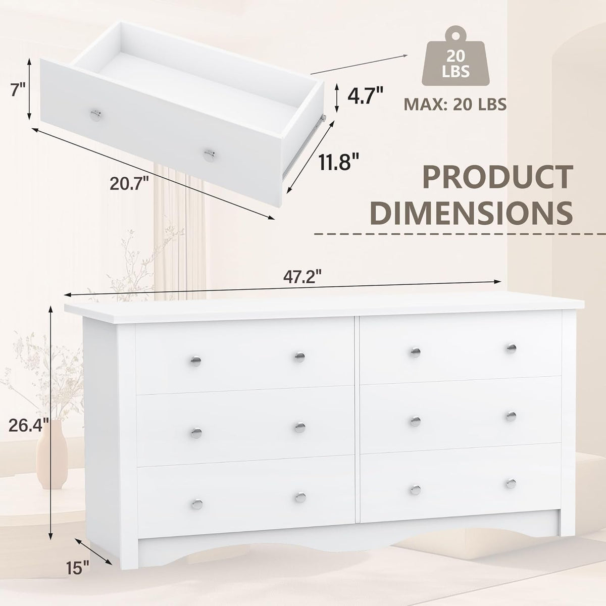 White 58 Inch Contemporary Wooden Dresser Organizer