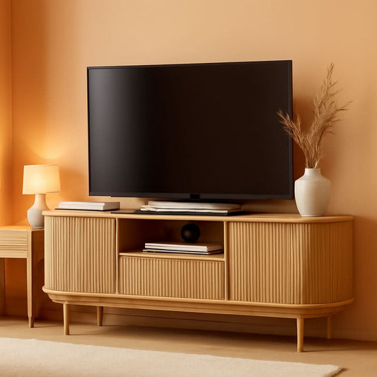63 Inch Fluted Natural Wood TV Stand Entertainment Center