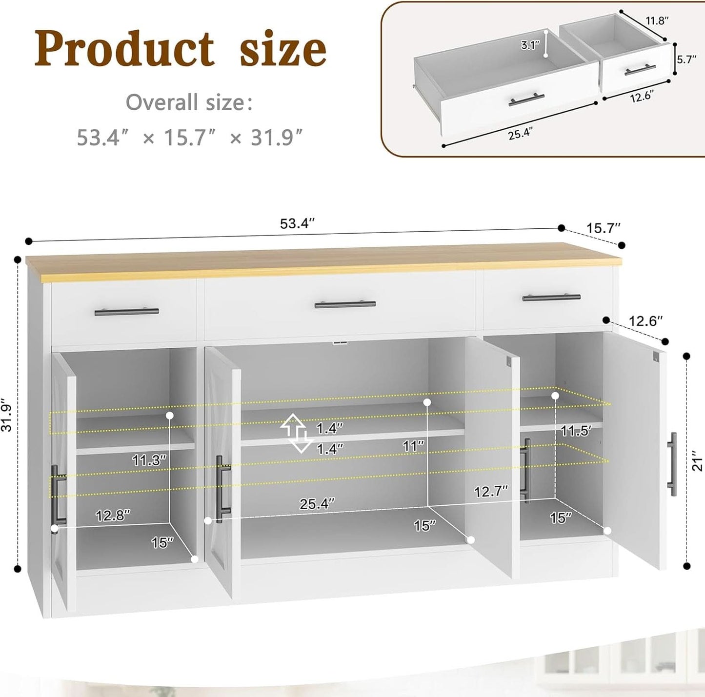 53 Inch White Buffet Cabinet With Drawers For Dining Room