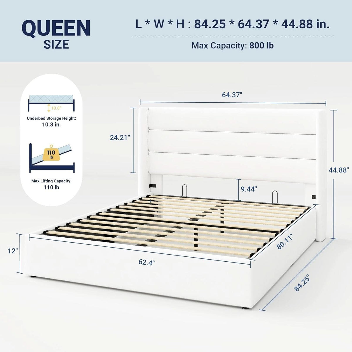 Queen Size Velvet Upholstered Lift Up Bed Wing back Head board
