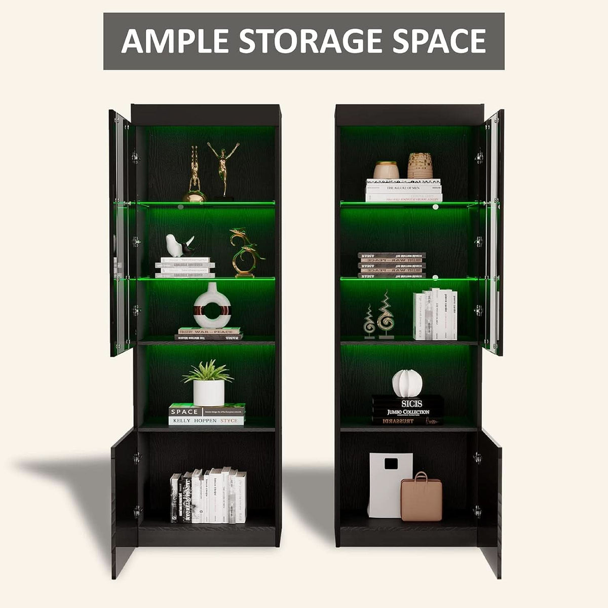 Two Piece 71 Inch Tall Bookcase Storage Cabinet With Glass Doors Set Of Two For Living Room And Office-3