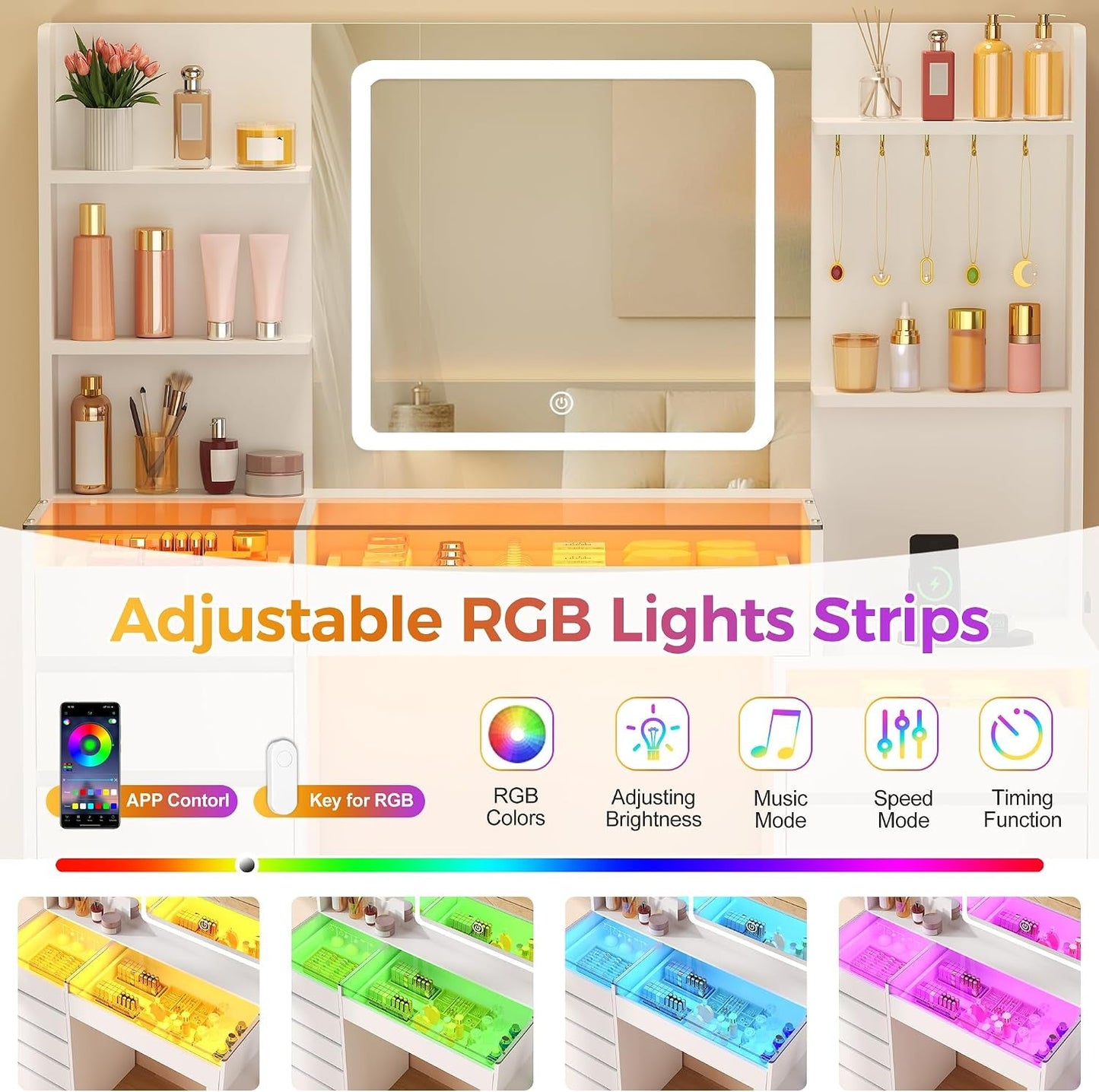 White Makeup Vanity With RGB Multicolor Illumination