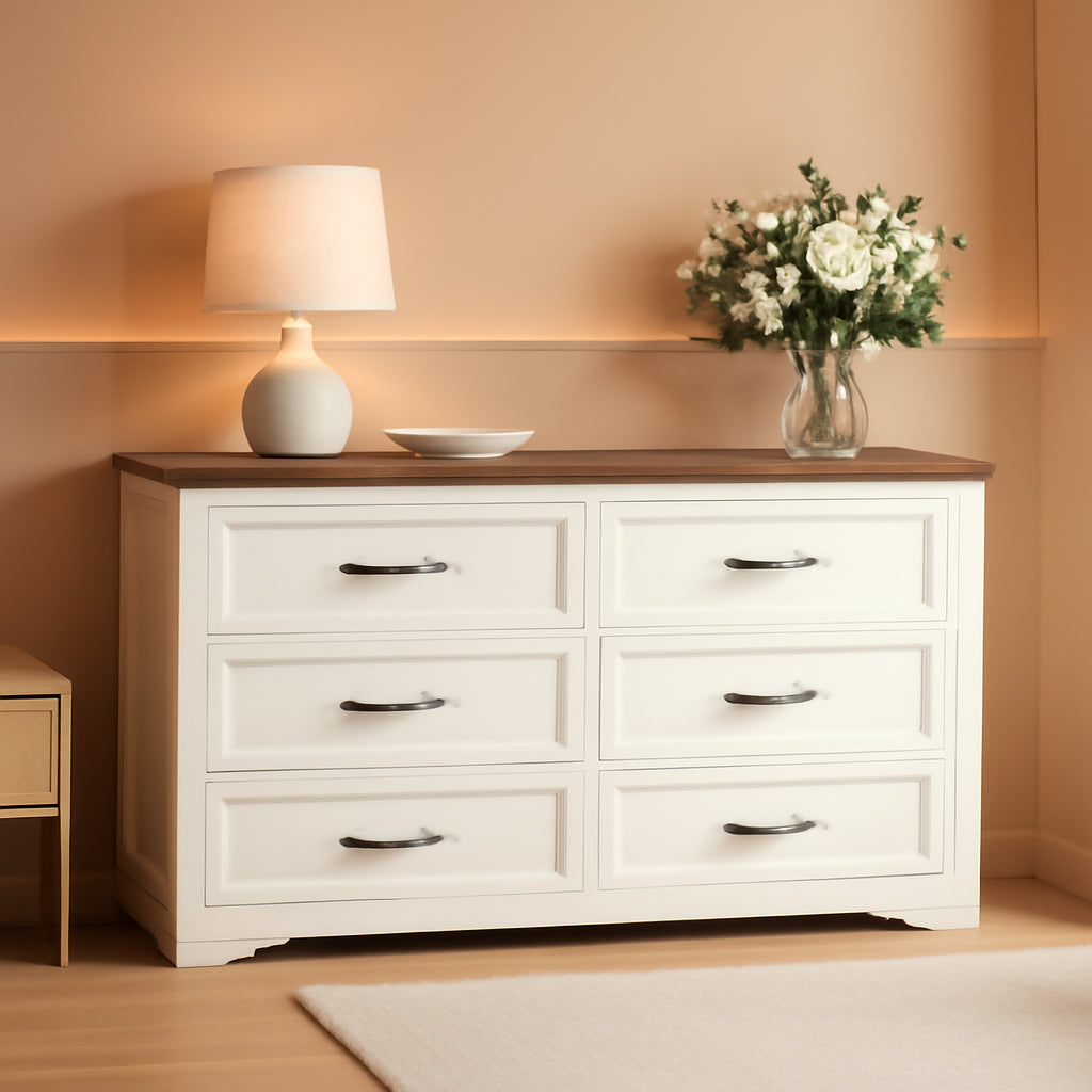 Farmhouse Six Drawer Dresser Walnut Engineered Wood