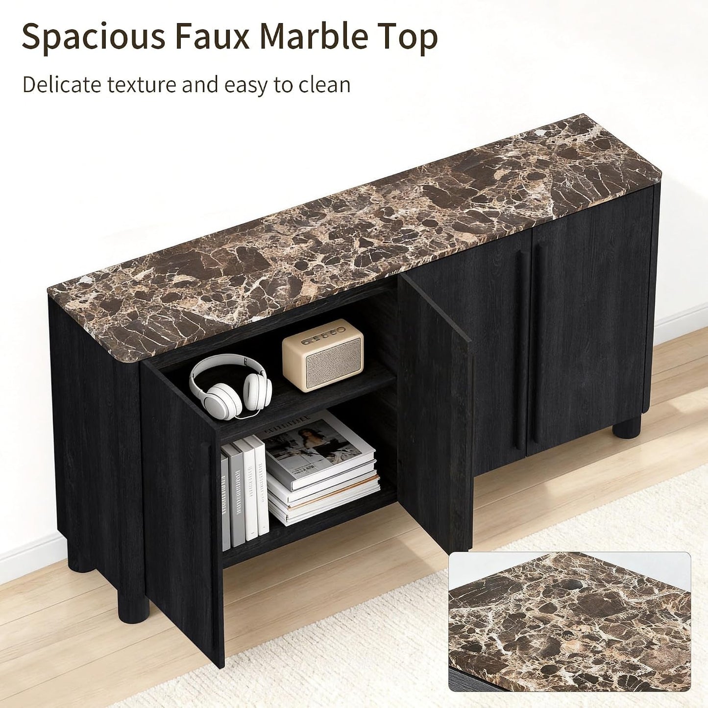 65 Inch Contemporary Sideboard Buffet Faux Marble Top