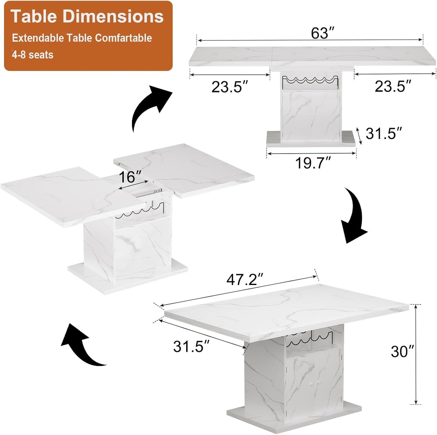 White Extendable Faux Marble Rectangular Dining Table