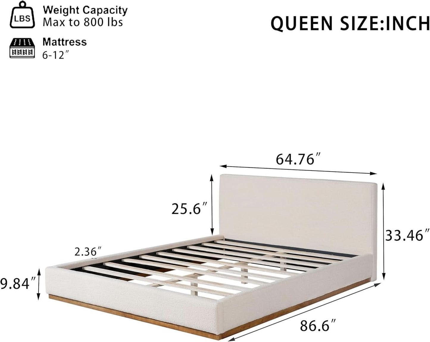 Queen Boucle Platform Bed Featuring White Upholstery