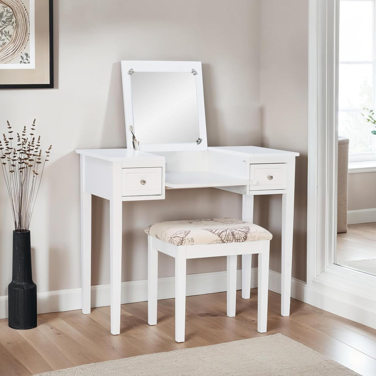 White Solid Wood Vanity Set Featuring Oversized Mirror