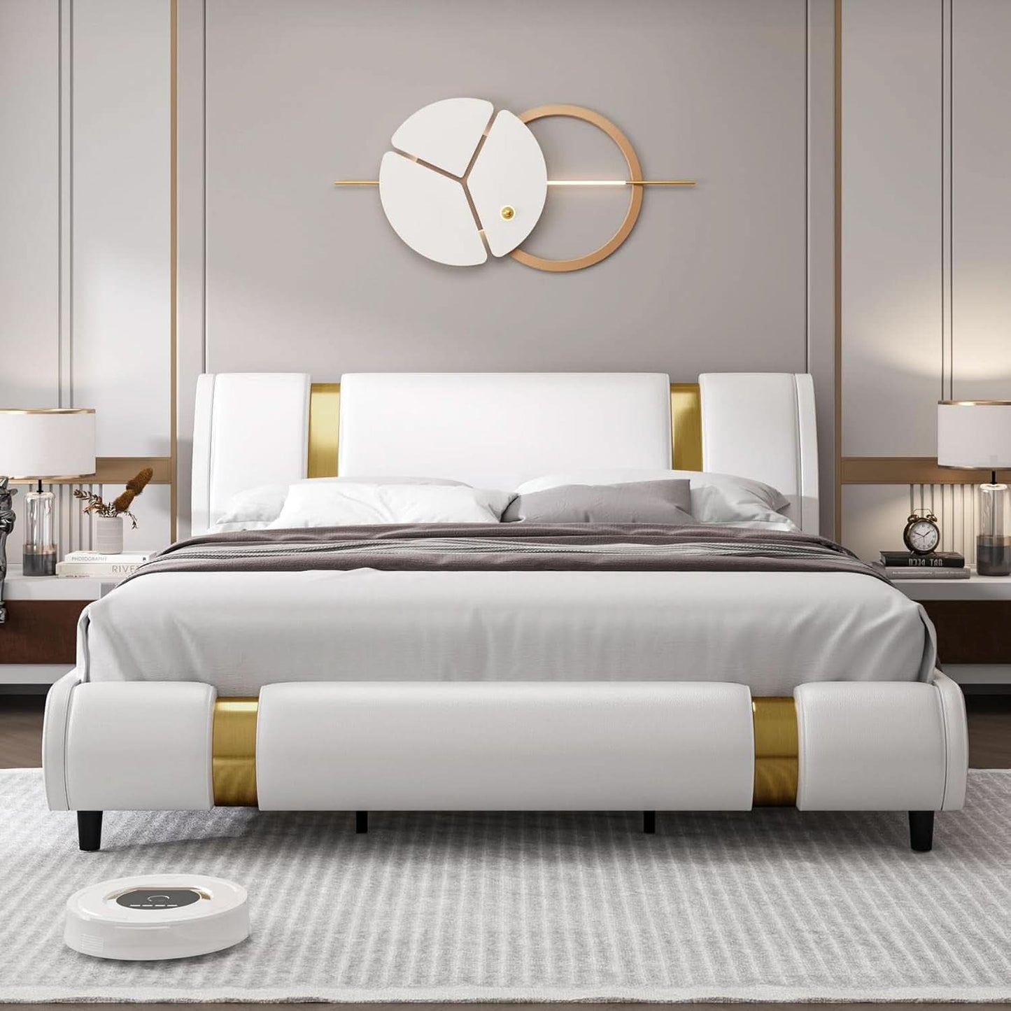 Queen White Faux Leather Platformbed Bed Headboard