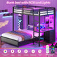 Twin Over Full Bunk Bed With Desk Charging Station Led Lights Grey