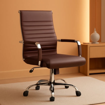 Ribbed PU Leather Office Chair With Arms Brown Adjustable