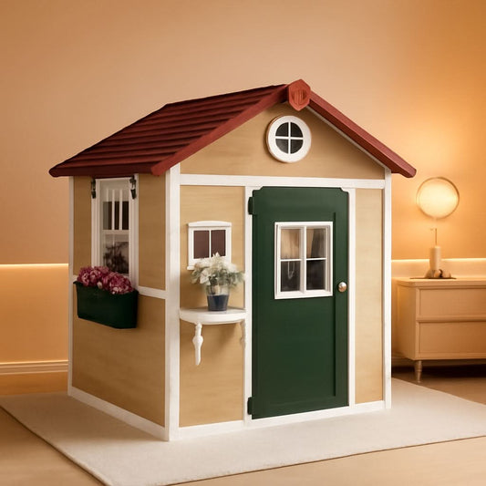 Beige Wooden Outdoor Playhouse With Expansive Windows