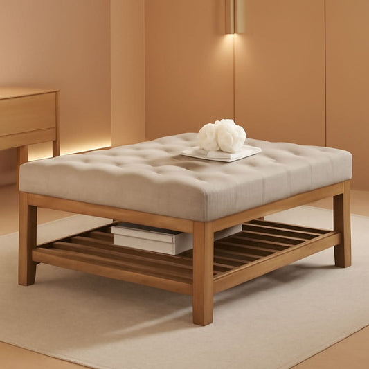 Large Upholstered Tufted Linen Ottoman Coffee Table