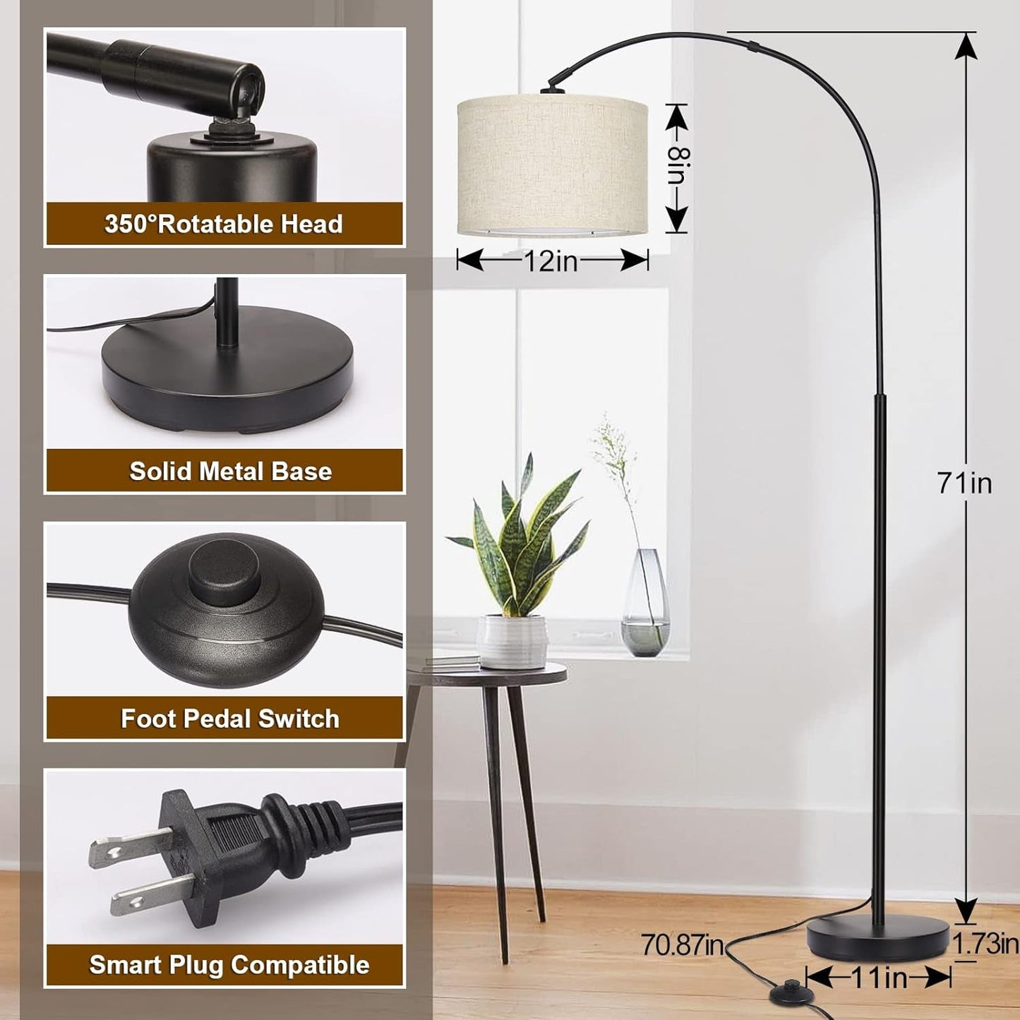 Matte Black Arc Floor Lamp With Adjustable Shade Living Room-1