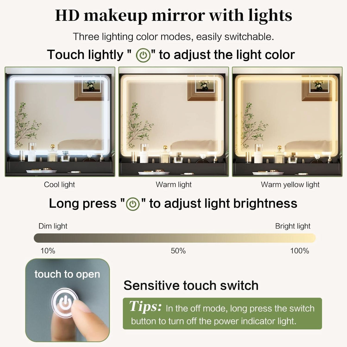 Vanity Desk With Dimmable Illuminated Mirror Black