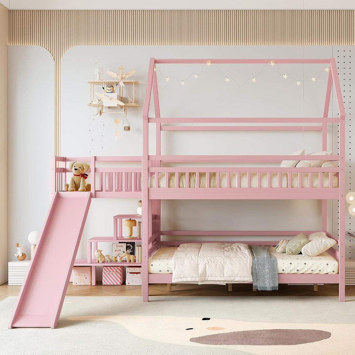 Pink Full Over Full Bunk Bed Playhouse With Stairs Storage