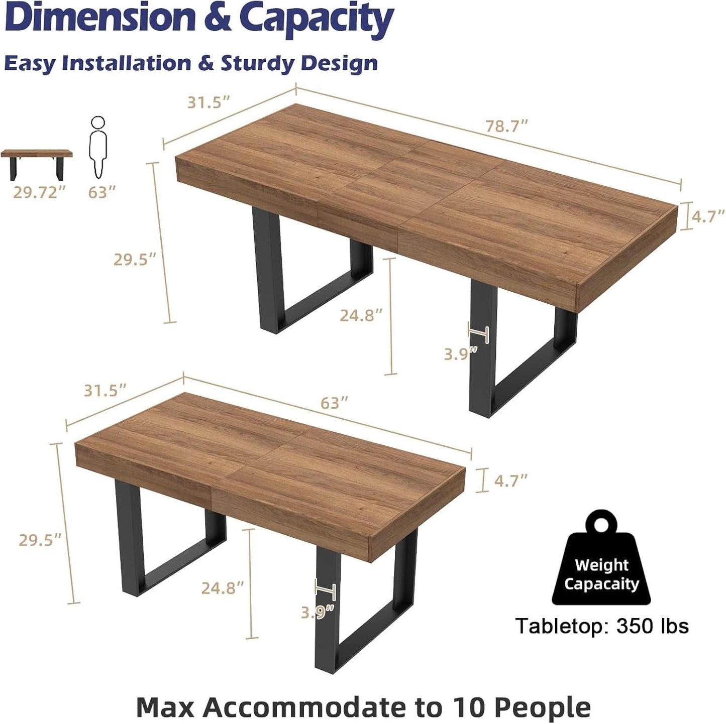 63 Inch Extendable Dining Table Walnut Brown Dining Room