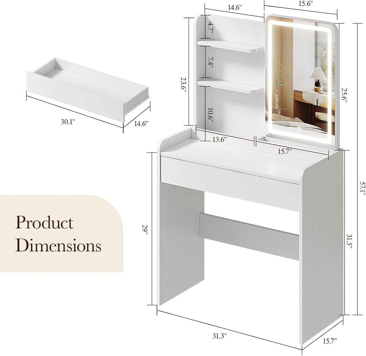 White Vanity Desk Mirror Featuring Integrated Lighting