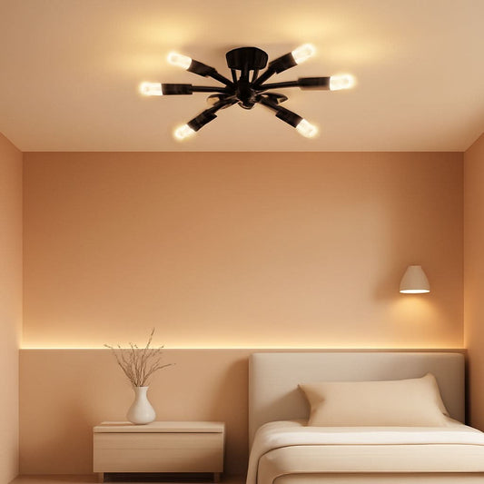 Six Light Black Matte Sputnik Chandelier Semi Flush Ceiling Light