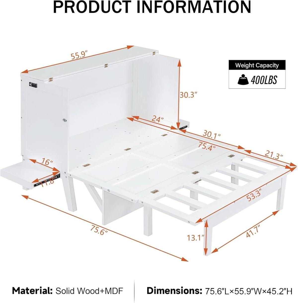 White Murphy Bed With Integrated USB Port-1