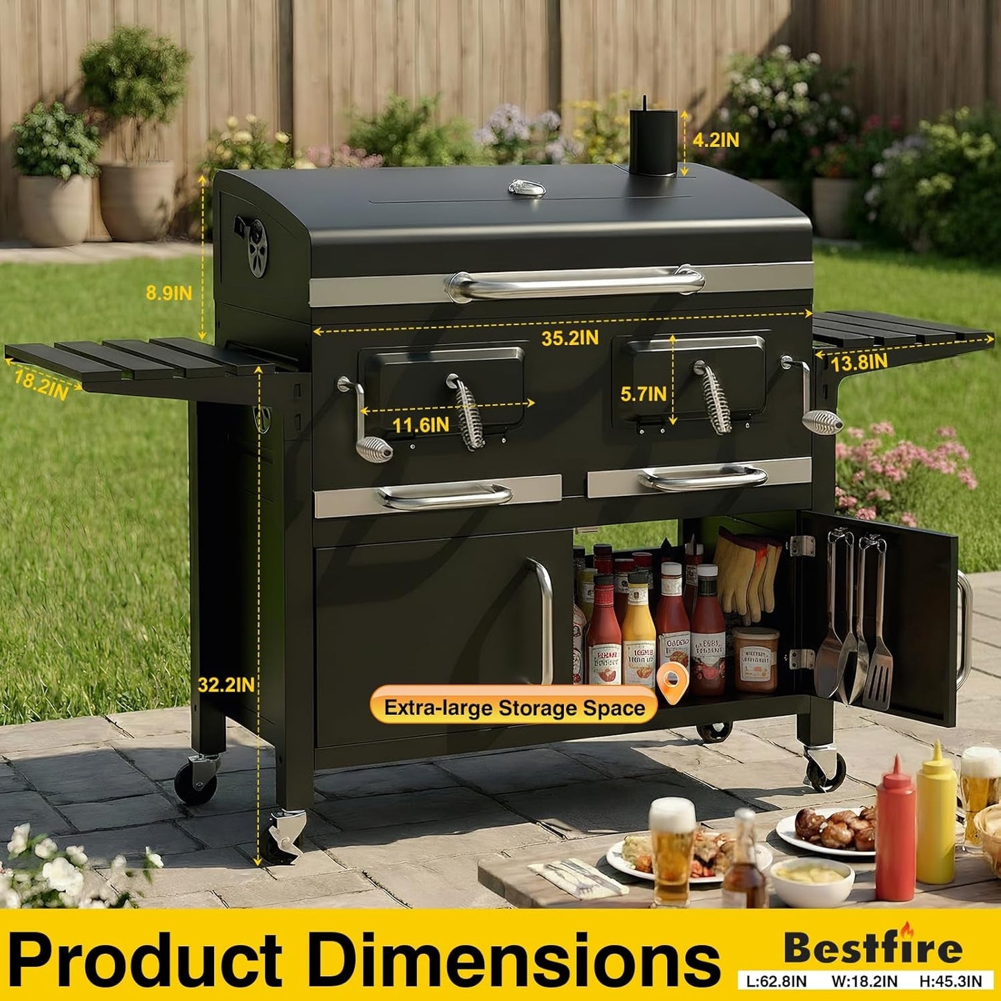 63Inch Cabinet Charcoal Grill Smoker With FoldingTables