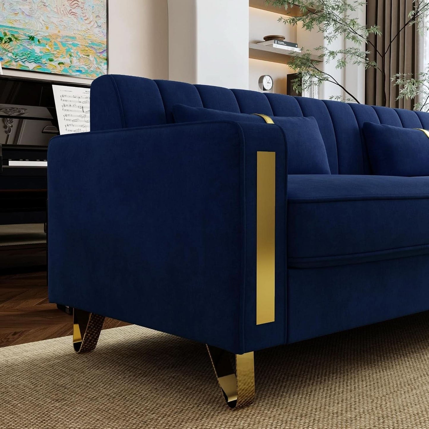 2 Piece Velvet Loveseat Sofa Set For Living Room 86 Inch Blue With Gold Metal Legs And 4 Pillows-3