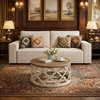 Beige Chenille 85" Sofa & Round Farmhouse Coffee Table Set, 2-Seater Living Room Bundle