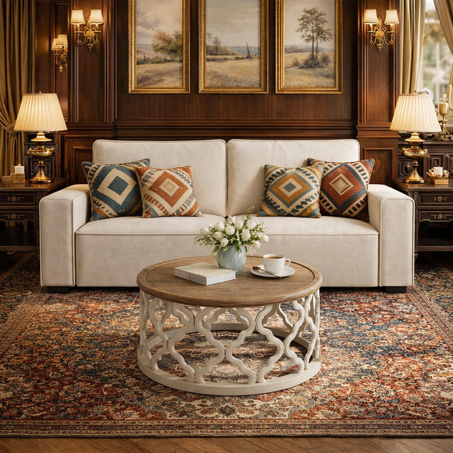 Beige Chenille 85" Sofa & Round Farmhouse Coffee Table Set, 2-Seater Living Room Bundle