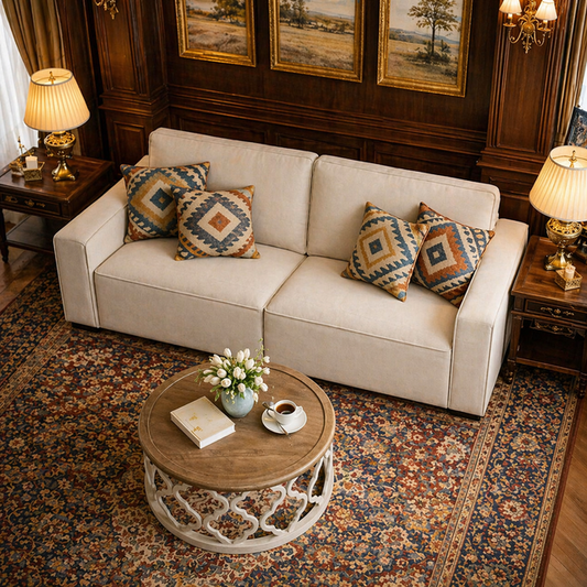 Beige Chenille 85" Sofa & Round Farmhouse Coffee Table Set, 2-Seater Living Room Bundle