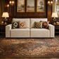 Beige Chenille 85" Sofa & Round Farmhouse Coffee Table Set, 2-Seater Living Room Bundle