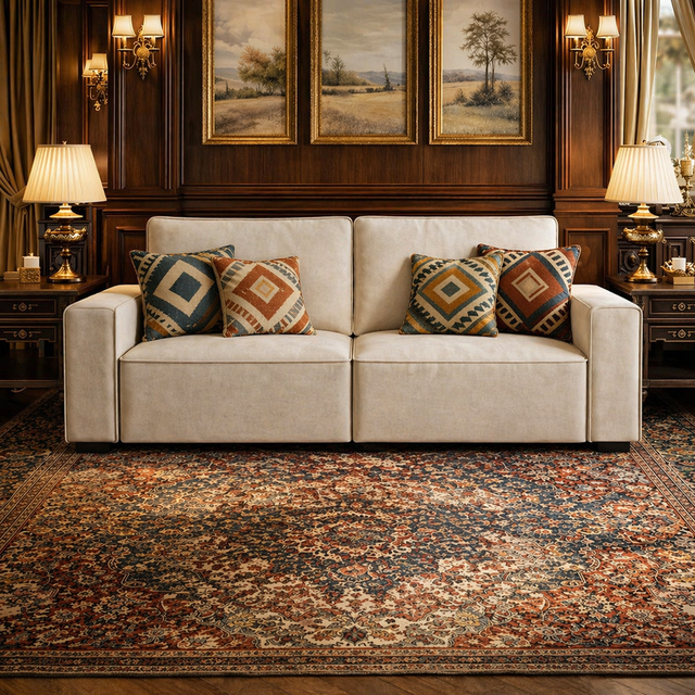 Beige Chenille 85" Sofa & Round Farmhouse Coffee Table Set, 2-Seater Living Room Bundle