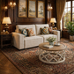 Beige Chenille 85" Sofa & Round Farmhouse Coffee Table Set, 2-Seater Living Room Bundle