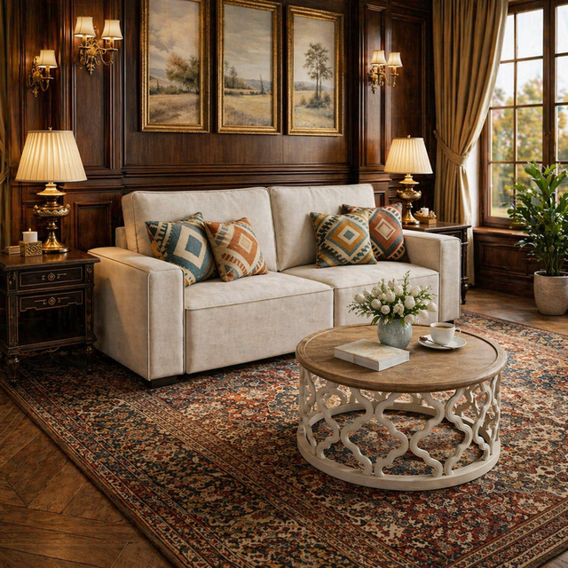 Beige Chenille 85" Sofa & Round Farmhouse Coffee Table Set, 2-Seater Living Room Bundle