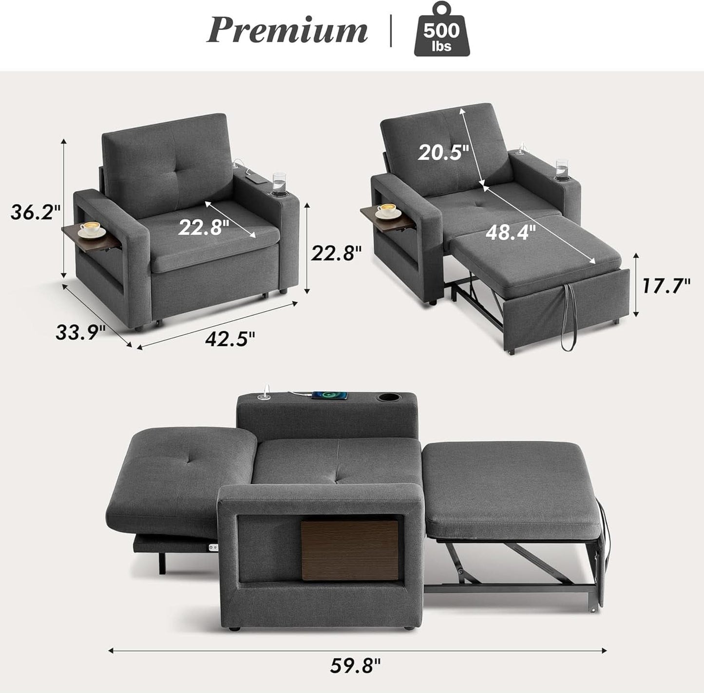 3 In 1 Sleeper Sofa Chair Bed With USB Ports