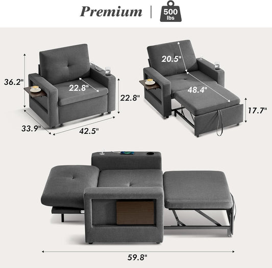 3 In 1 Sleeper Sofa Chair Bed With USB Ports