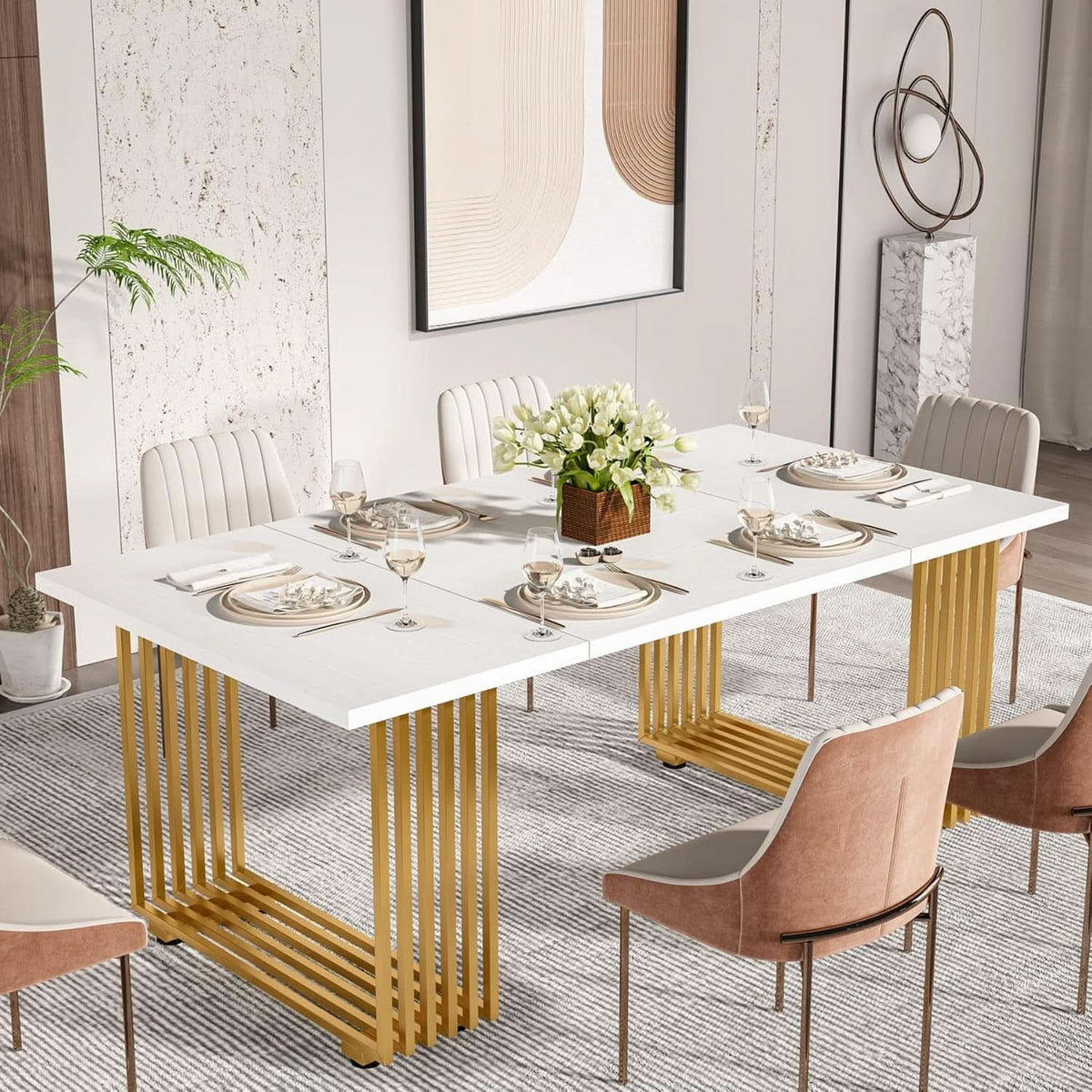 White Gold Wood Dining Table 70 Inch Rectangular For Dining Room-2