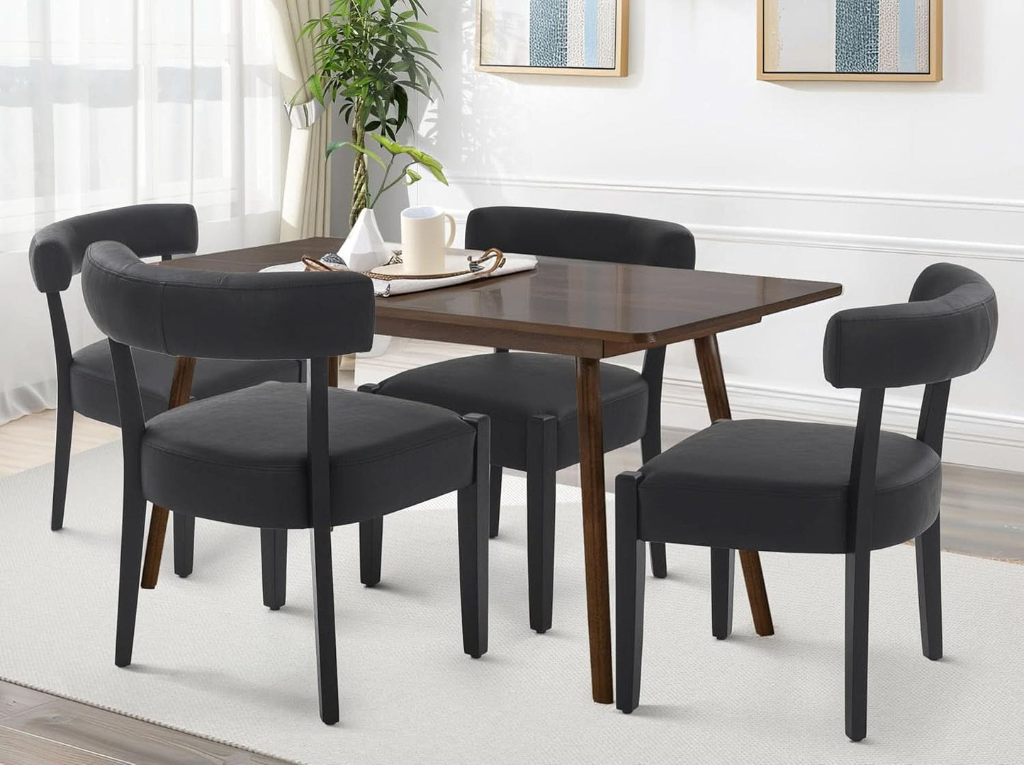 Black Faux Leather Dining Chairs Cushioned Seating