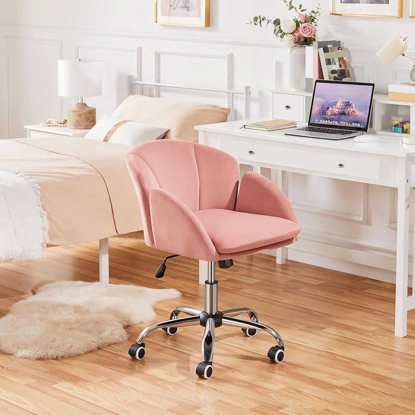 Pink Velvet Desk Chair With Wheels And Armrests Swivel Office Chair