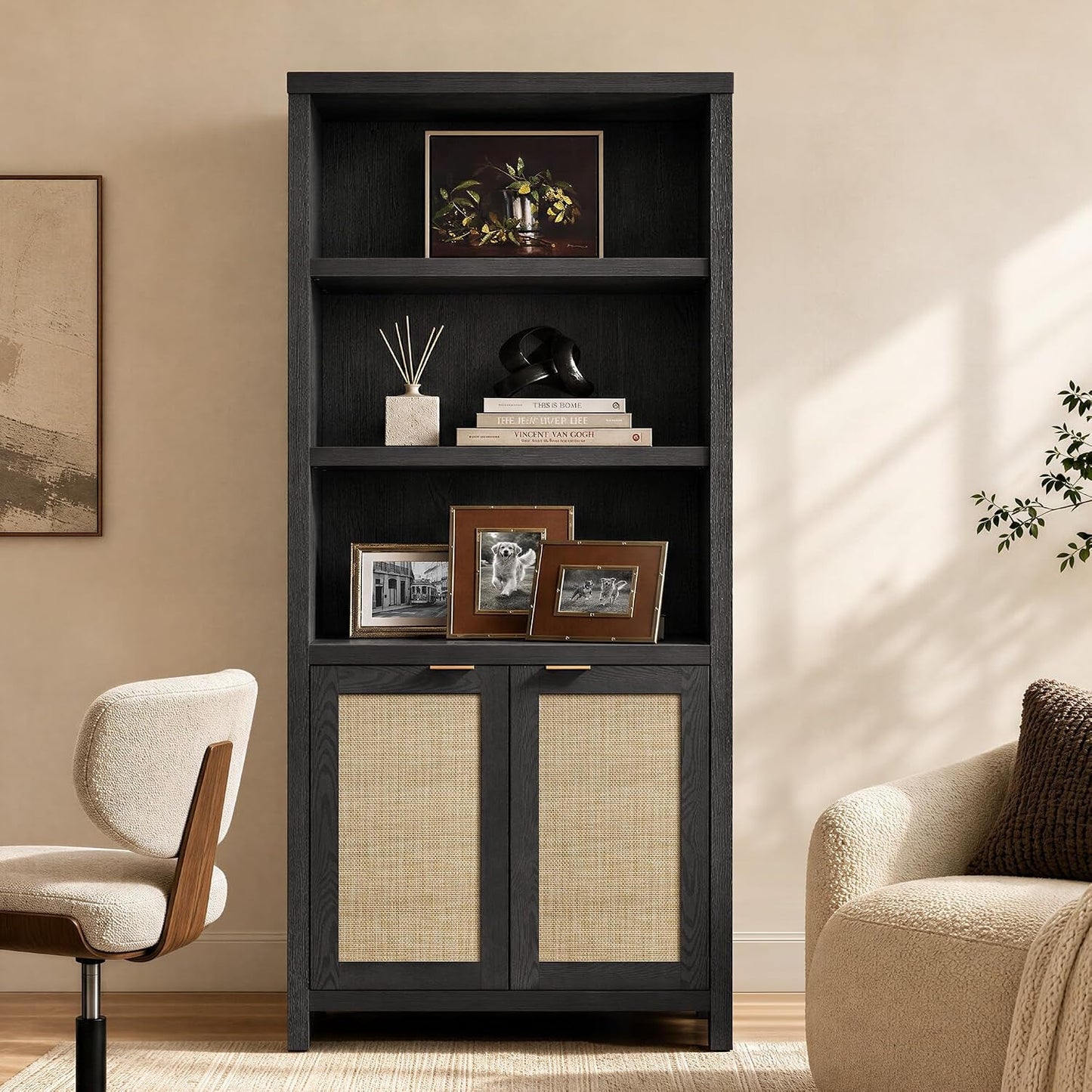 Large Rattan Bookcase With Adjustable Storage Shelves