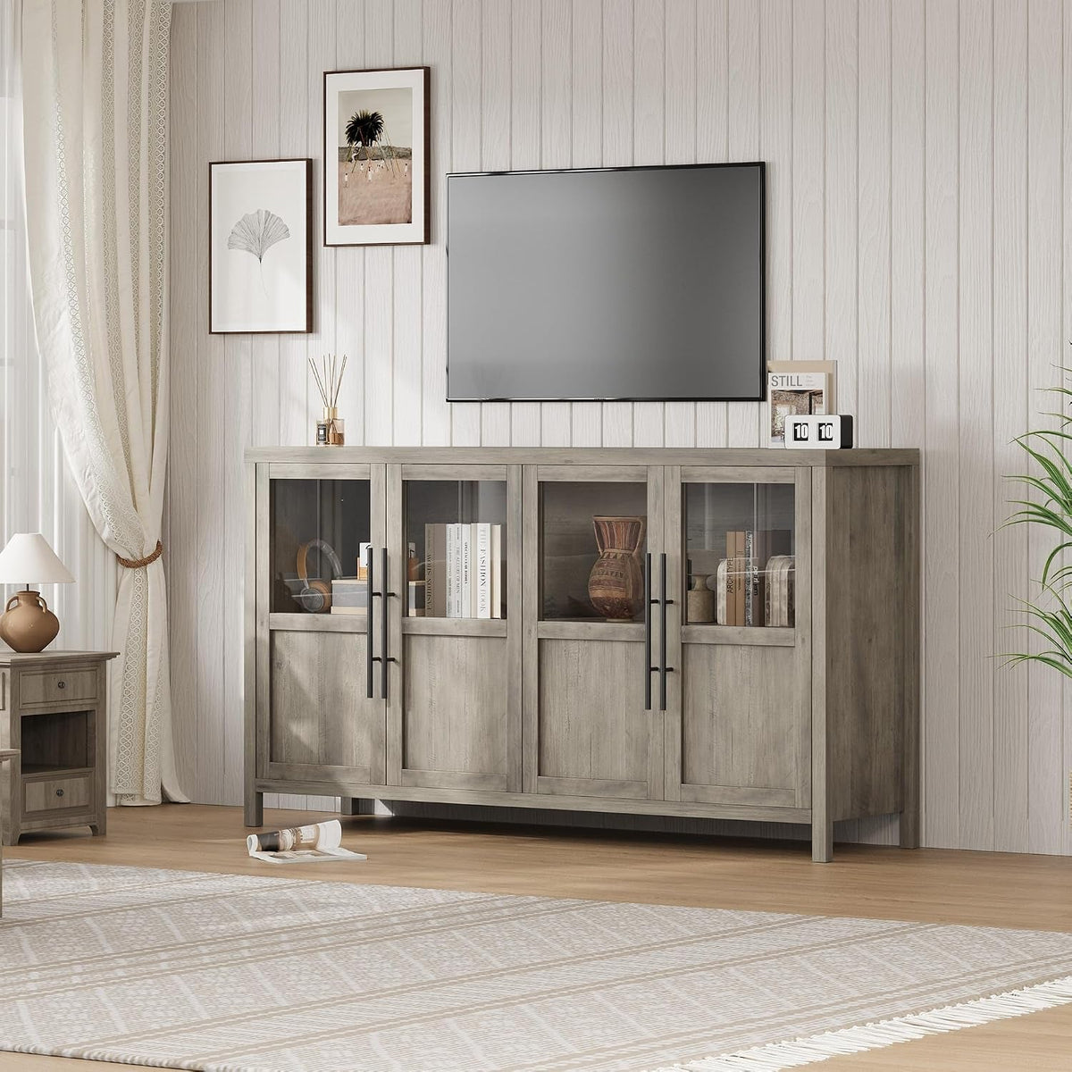 Fifty Five Inch Grey Buffet Cabinet Glass Doors Storage