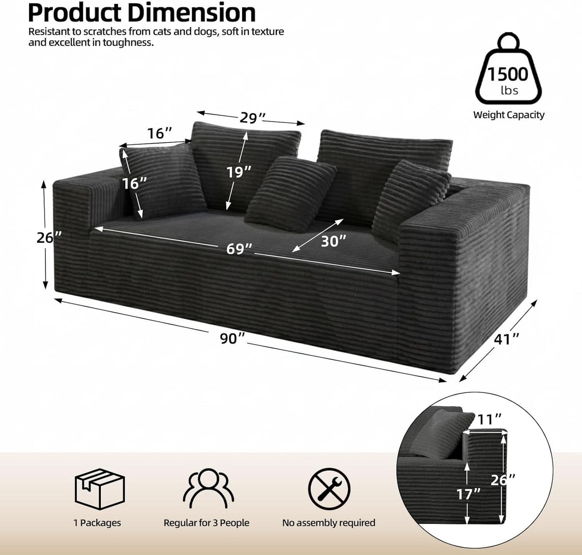 3-Seater Corduroy Sleeper Sofa No Assembly Lounge