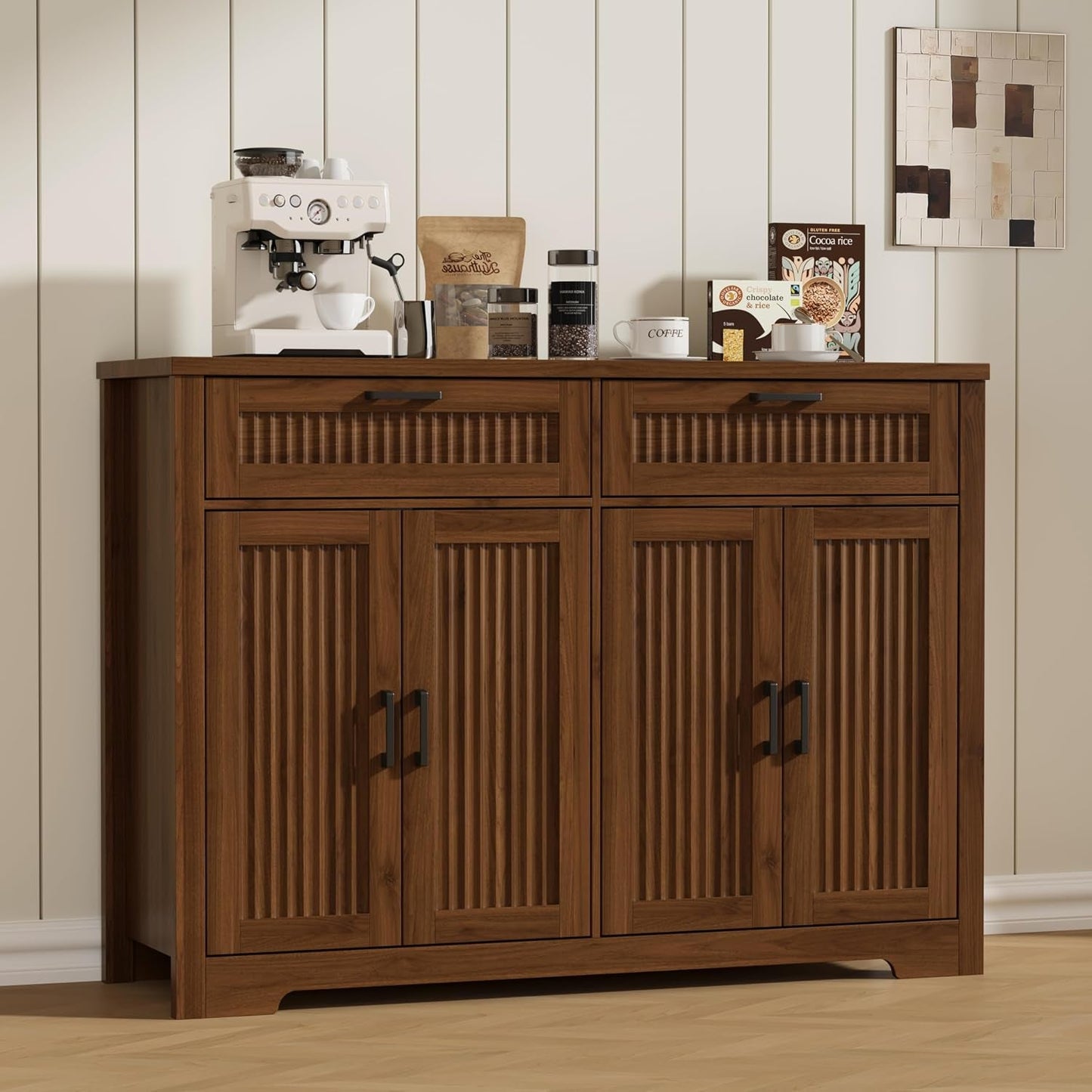 Farmhouse Fluted Walnut Sideboard Cabinet With Drawers
