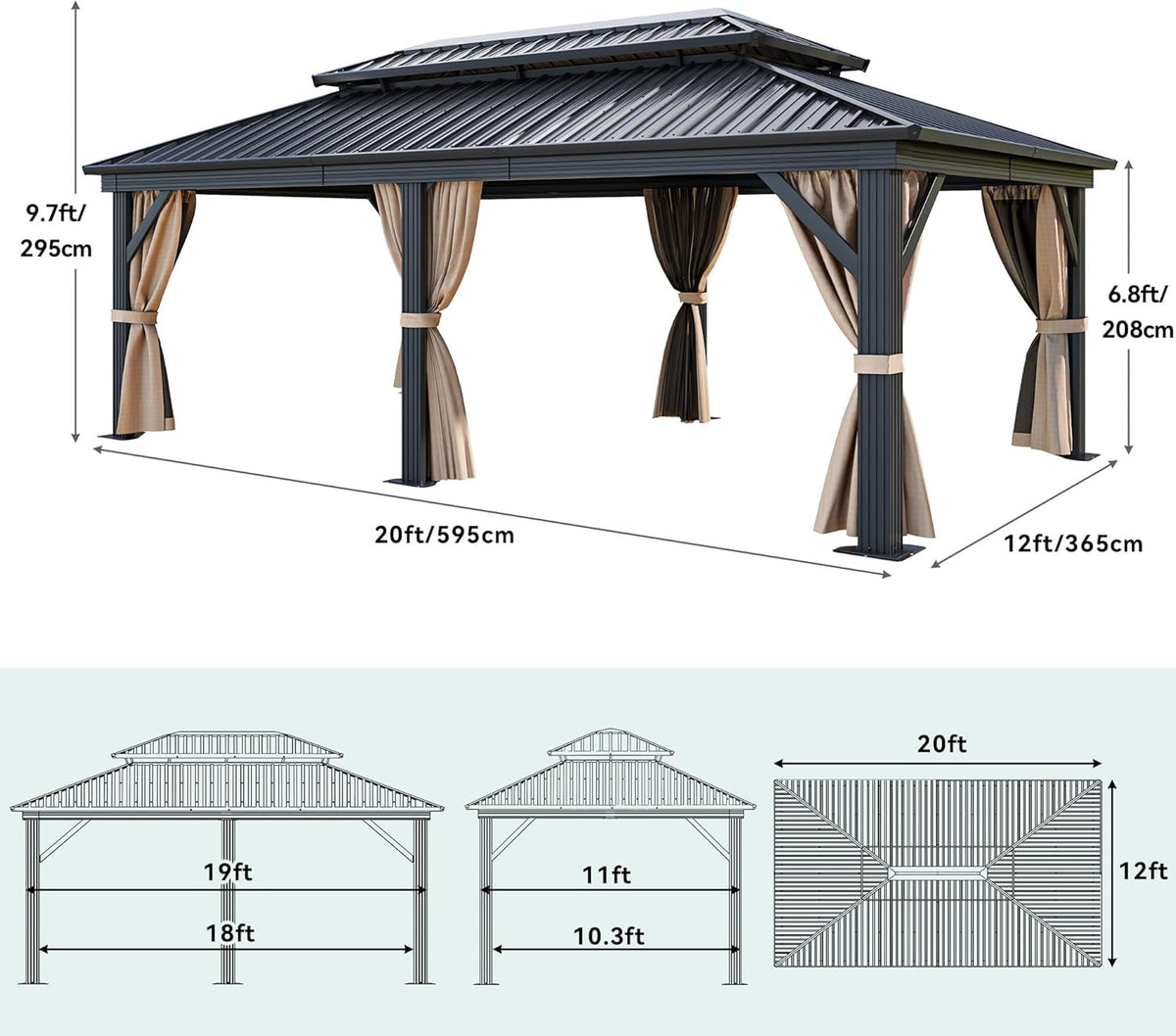 12x20ft Gazebo Hardtop Canopy Aluminum Frame Brown