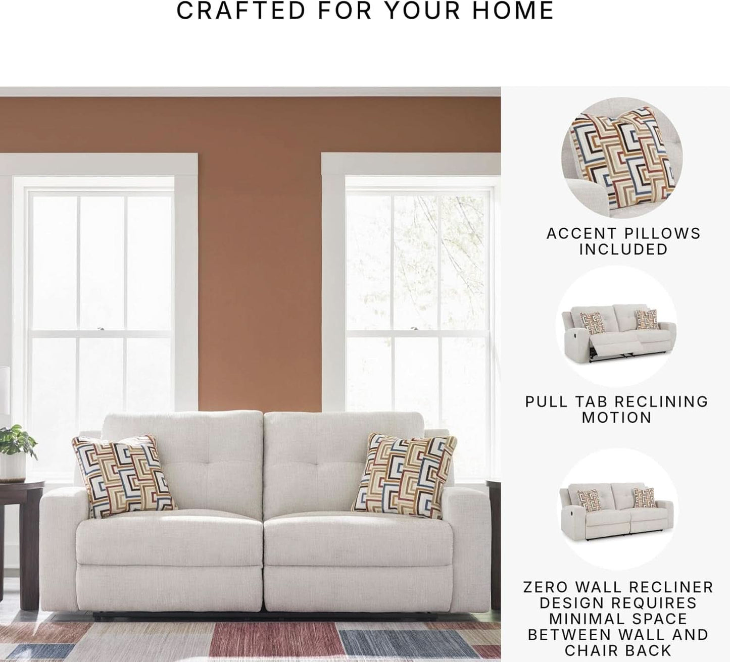 Beige Manual Reclining Sofa Featuring Plush Tufting