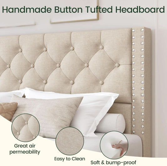 Queen Bed Frame Beige Linen Upholstered Storage Drawers
