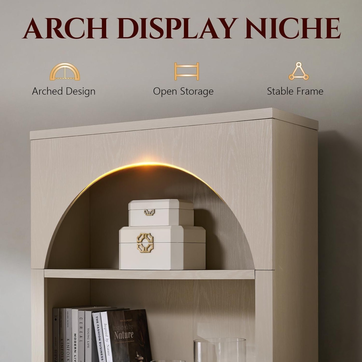 Cream Arched Fluted Bookcase With Adjustable Shelving-3
