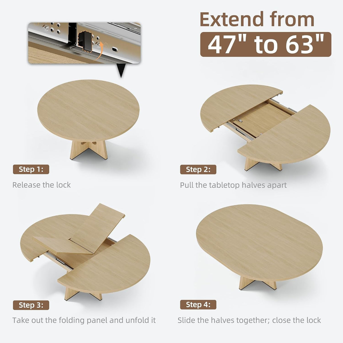 Extendable Round Dining Table Natural Hardwood Pedestal