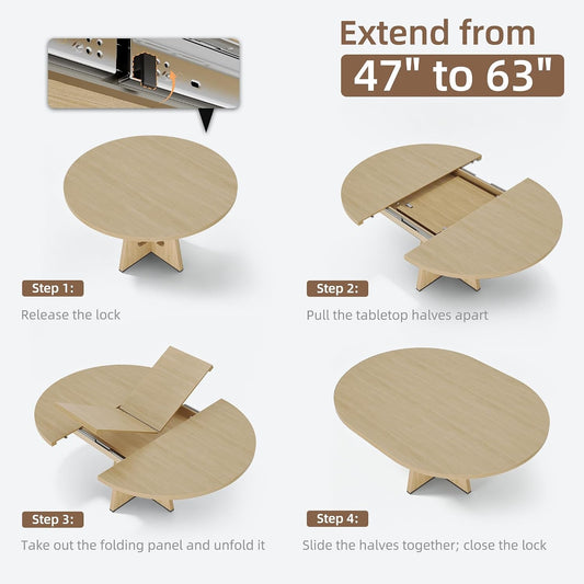 Extendable Round Dining Table Natural Hardwood Pedestal